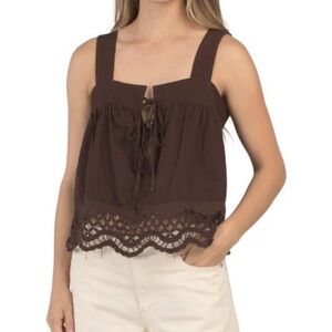 🤎 Rachel Zoe Brown Linen Blend Crochet Trim Boho Tank Lace Up Top NWT Medium